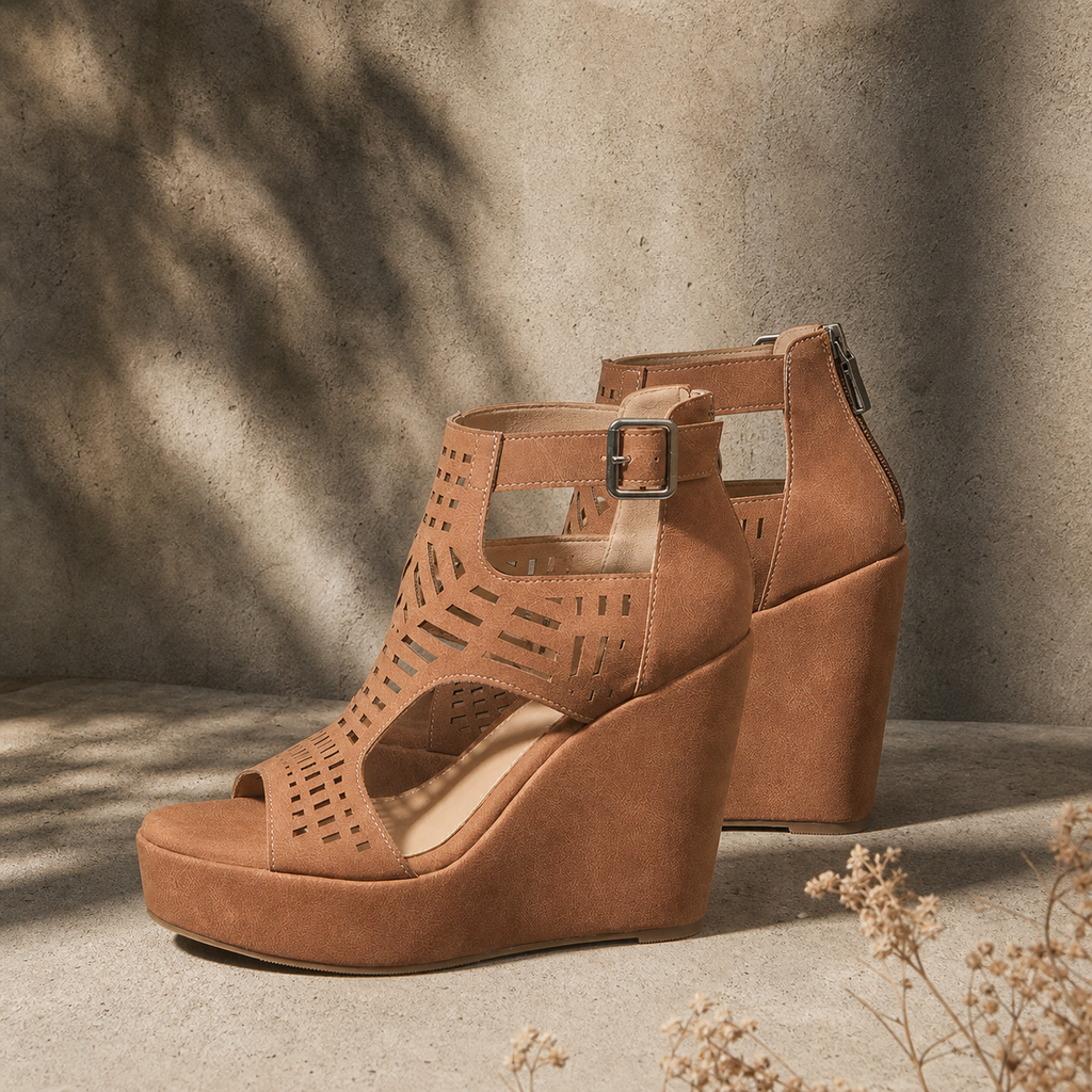 Rich Brown Women's Open-Toe Wedge-Heel Faux Leather Platform Sandals styled scene