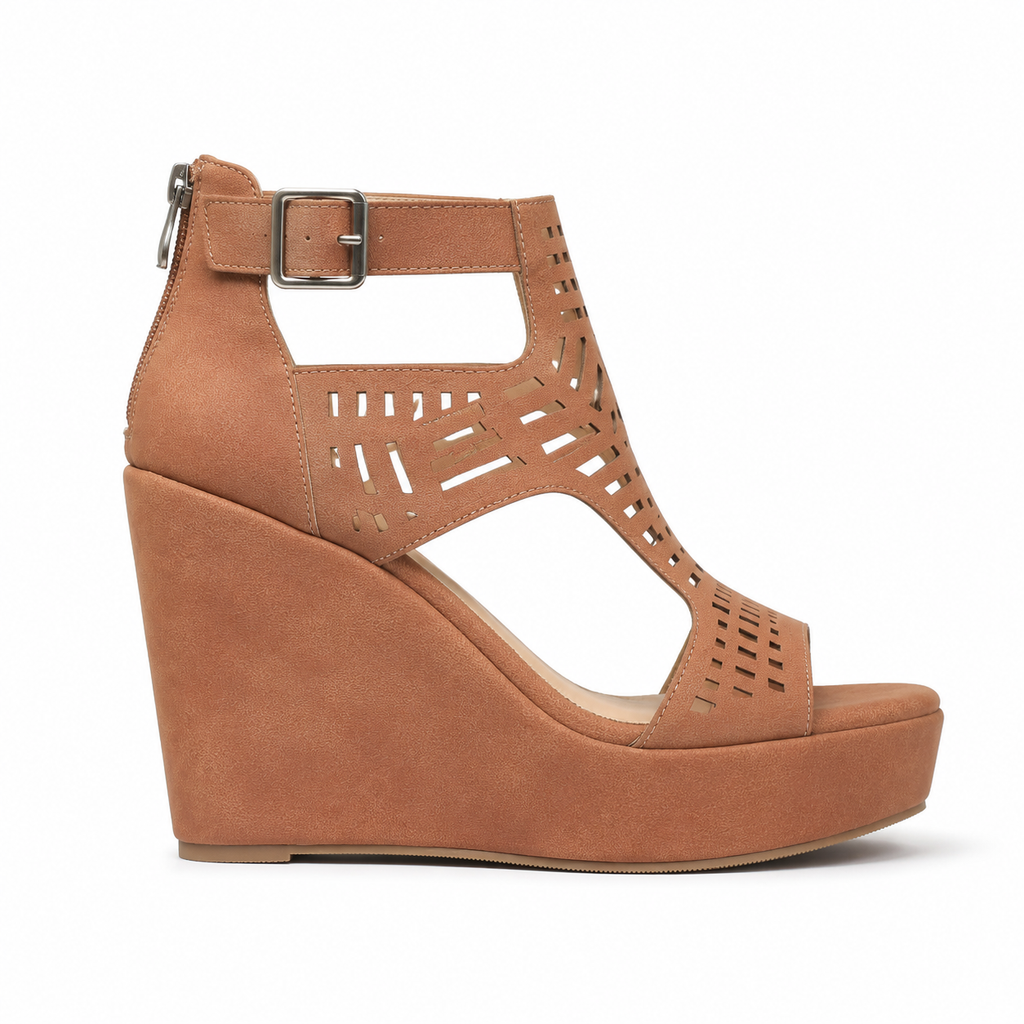 Rich Brown Women's Open-Toe Wedge-Heel Faux Leather Platform Sandals side view