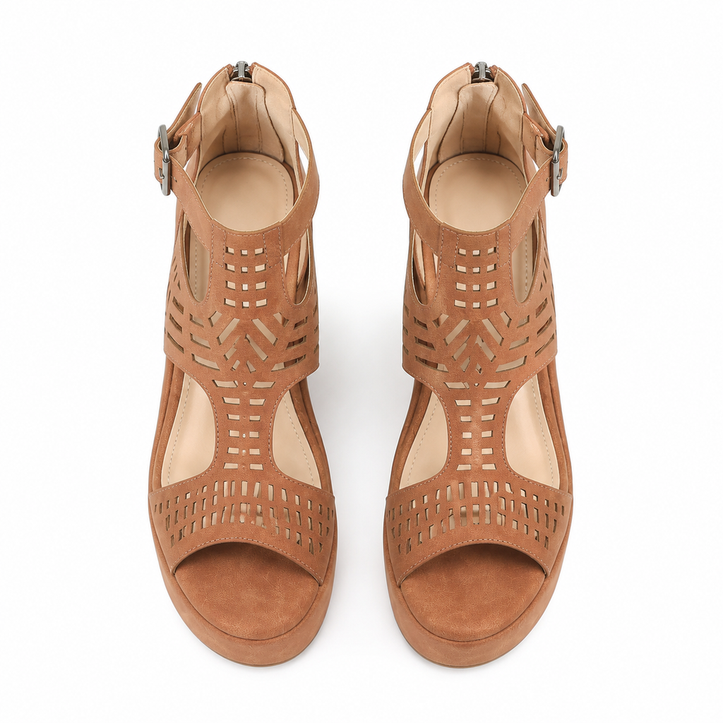 Rich Brown Women's Open-Toe Wedge-Heel Faux Leather Platform Sandals top view