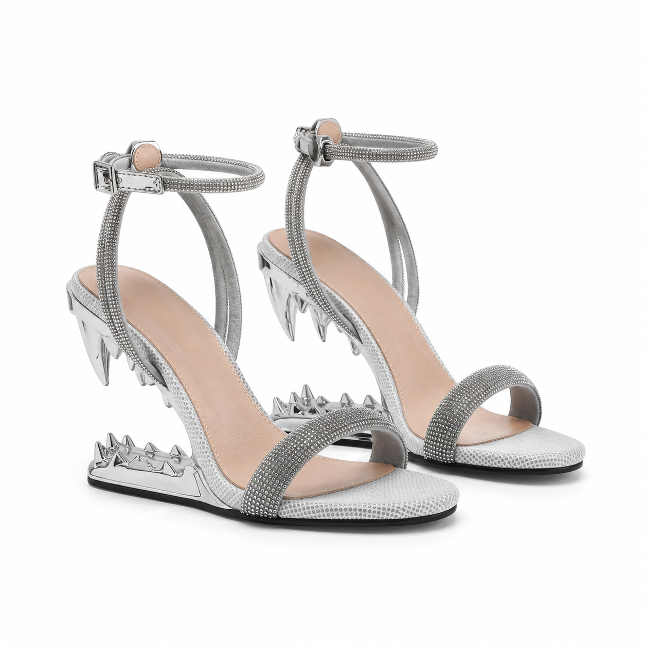 Soft Silver Women's Rhinestone Open-Toe Sculpted Wedge Ankle-Strap Sandals