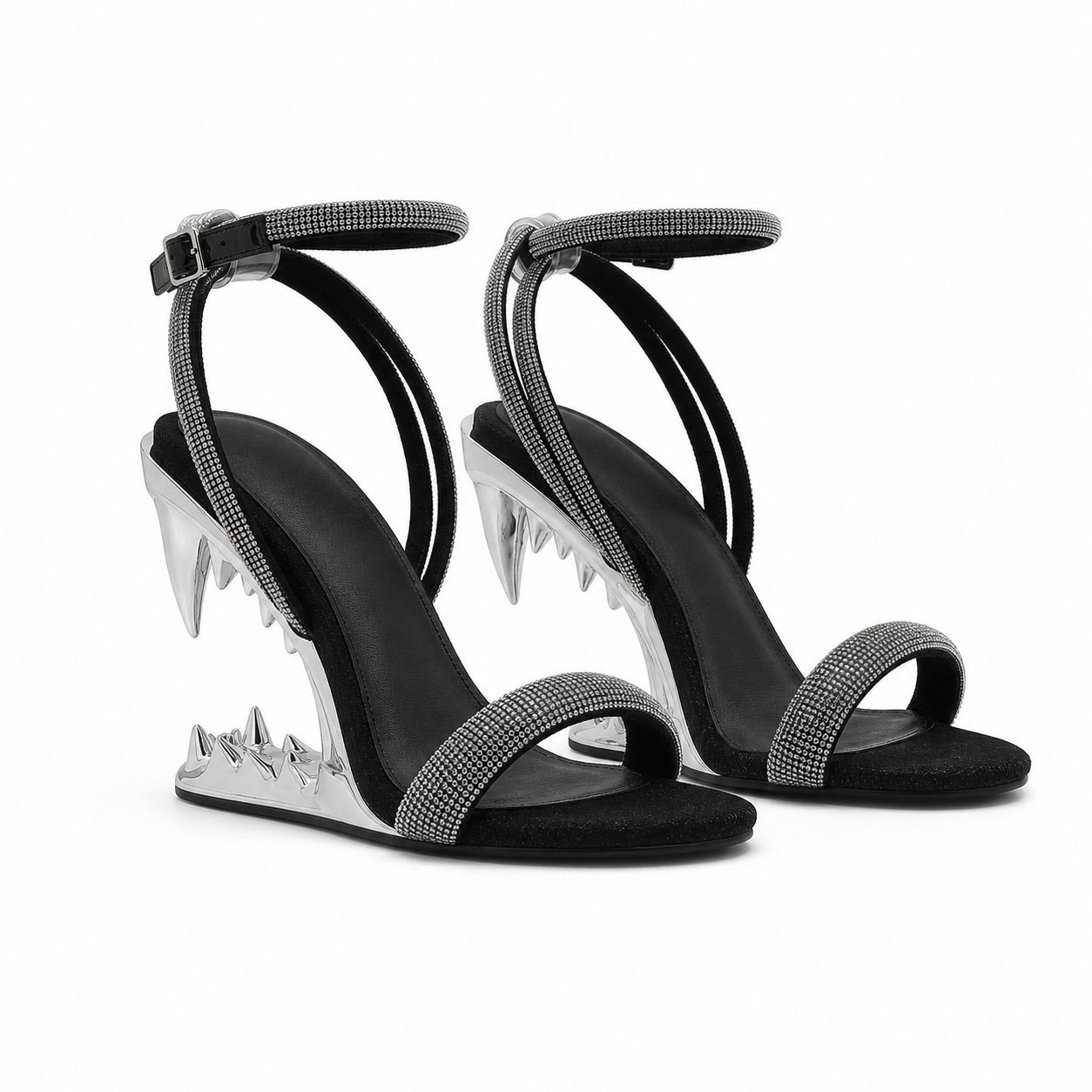 Deep Black Women's Rhinestone Open-Toe Sculpted Wedge Ankle-Strap Sandals