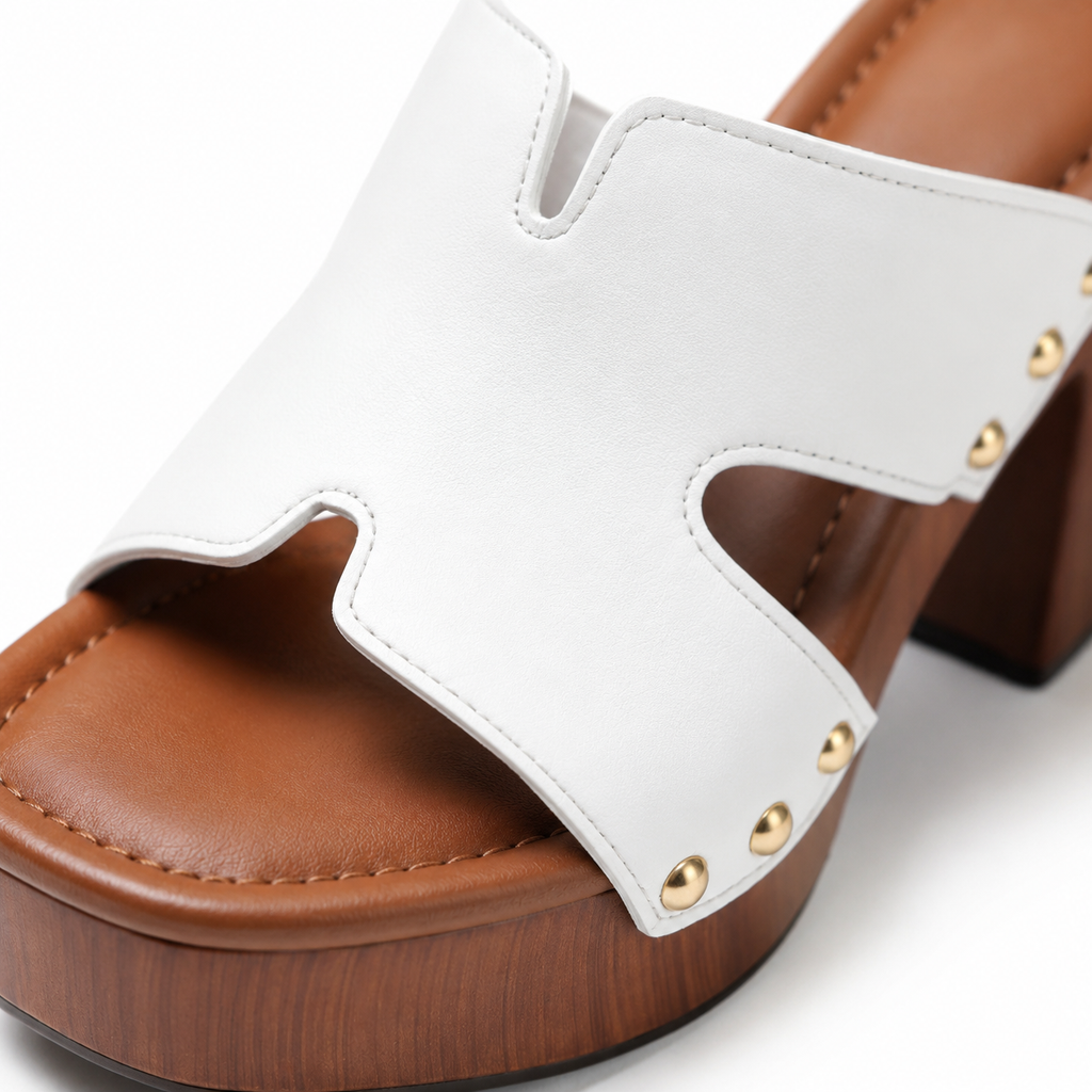 Cream Ivory Women's Open-Toe Faux Leather Slip-On Wedge Sandals close-up detail