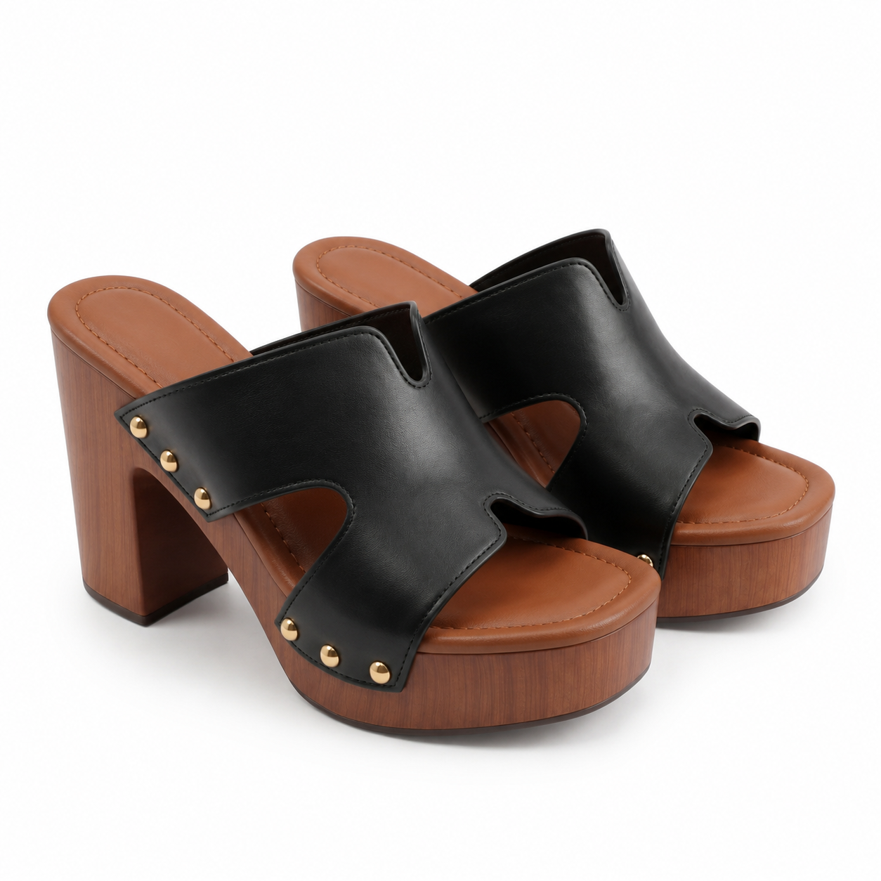 Deep Black Women's Open-Toe Faux Leather Slip-On Wedge Sandals