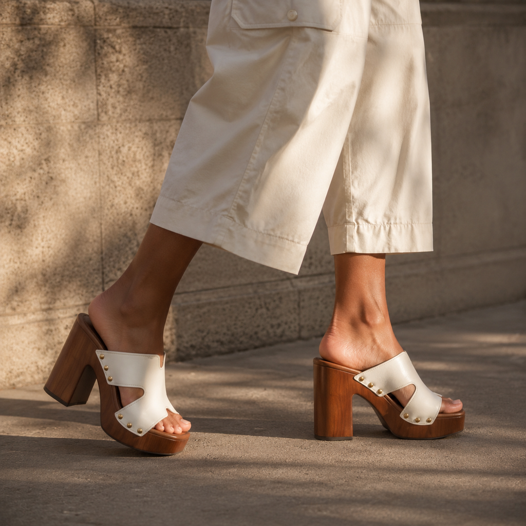 Cream Ivory Women's Open-Toe Faux Leather Slip-On Wedge Sandals on-foot view