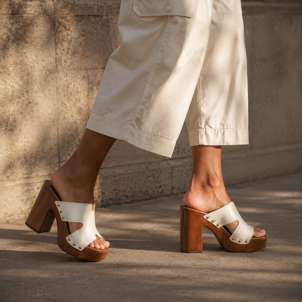 Cream Ivory Women's Open-Toe Faux Leather Slip-On Wedge Sandals on-foot view