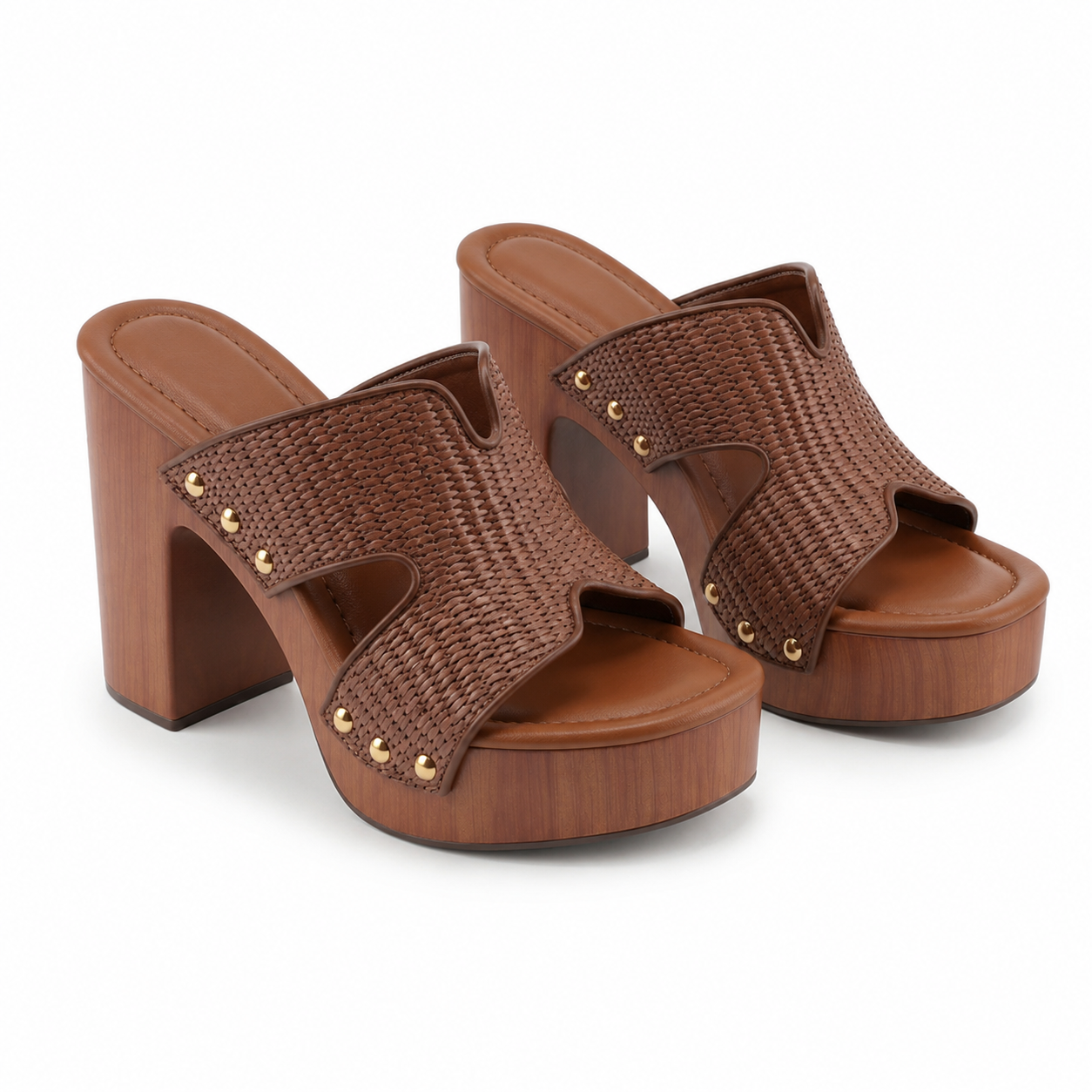 Brown Straw Women's Open-Toe Faux Leather Slip-On Wedge Sandals