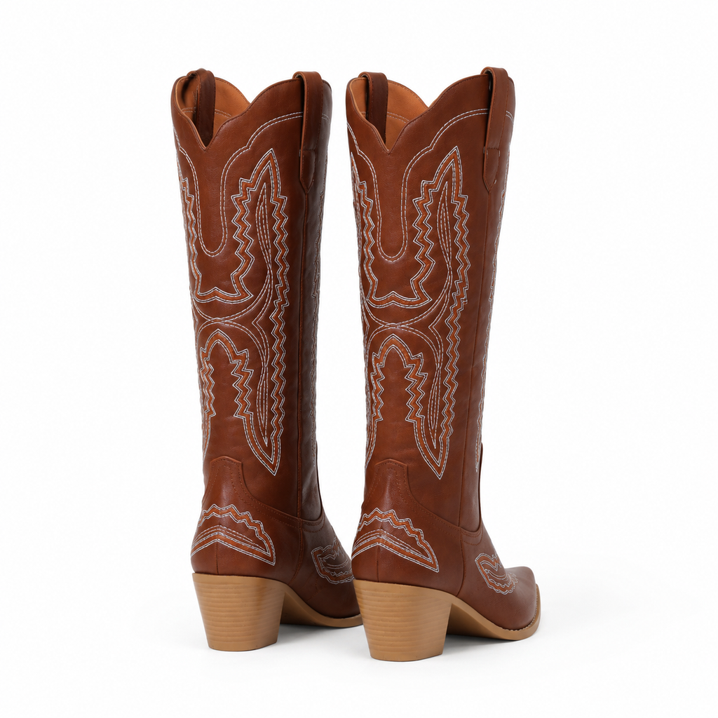 Rich Brown Women's Pointed-Toe Stacked-Heel Leather Embroidered Knee-High Boots heel detail