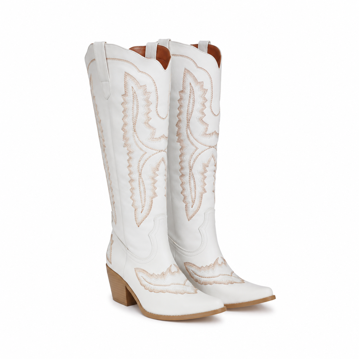 Cream Ivory Women's Pointed-Toe Stacked-Heel Leather Embroidered Knee-High Boots
