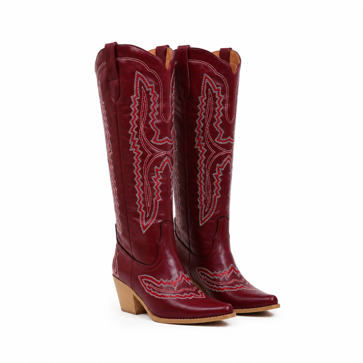 Deep Red Women's Pointed-Toe Stacked-Heel Leather Embroidered Knee-High Boots
