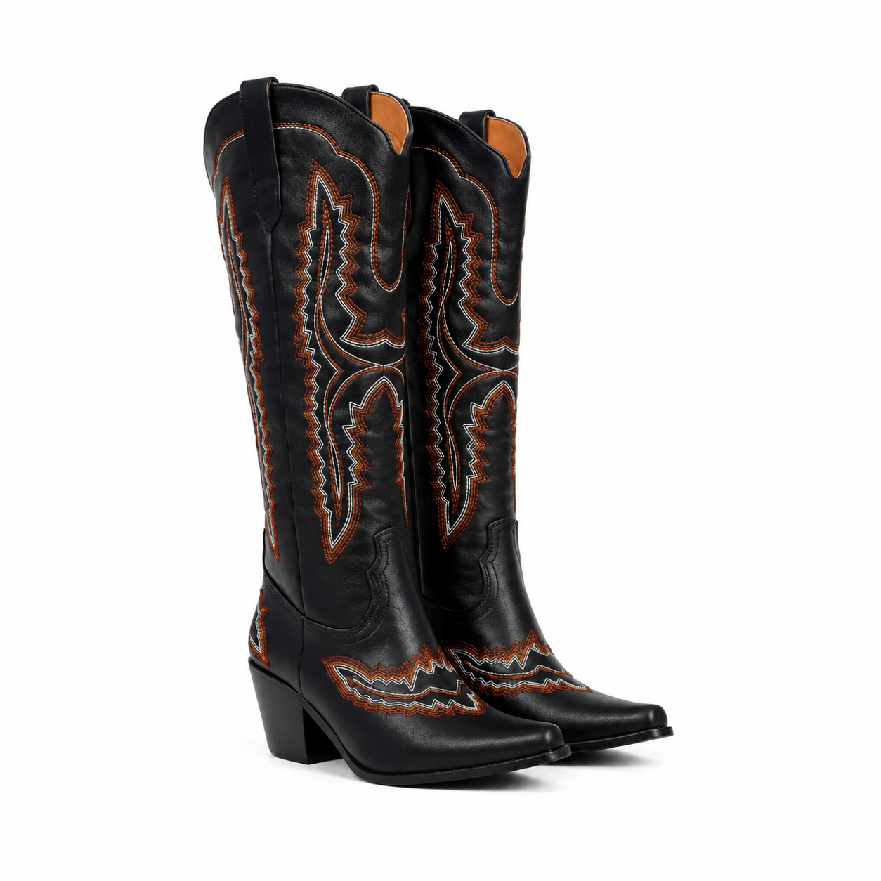 Deep Black Women's Pointed-Toe Stacked-Heel Leather Embroidered Knee-High Boots