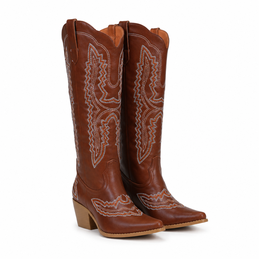 Rich Brown Women's Pointed-Toe Stacked-Heel Leather Embroidered Knee-High Boots