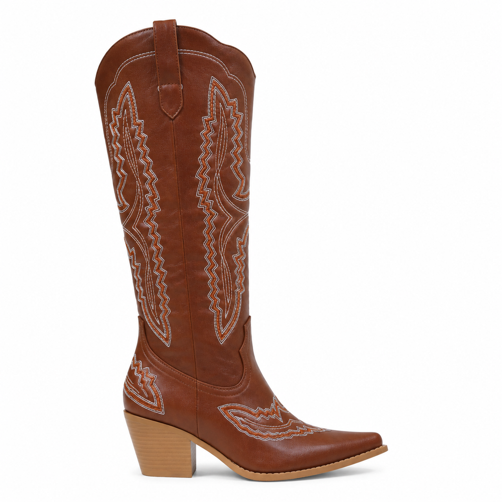 Rich Brown Women's Pointed-Toe Stacked-Heel Leather Embroidered Knee-High Boots side view