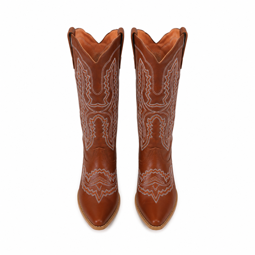 Rich Brown Women's Pointed-Toe Stacked-Heel Leather Embroidered Knee-High Boots top view