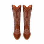 Rich Brown Women's Pointed-Toe Stacked-Heel Leather Embroidered Knee-High Boots top view