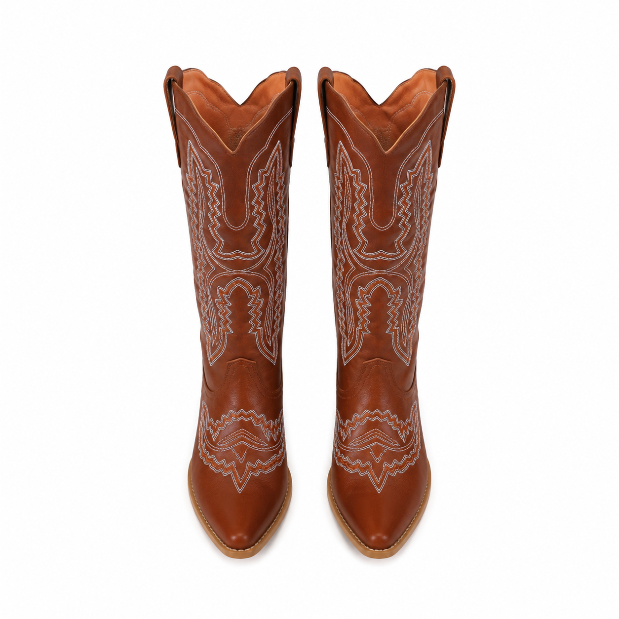 Rich Brown Women's Pointed-Toe Stacked-Heel Leather Embroidered Knee-High Boots top view