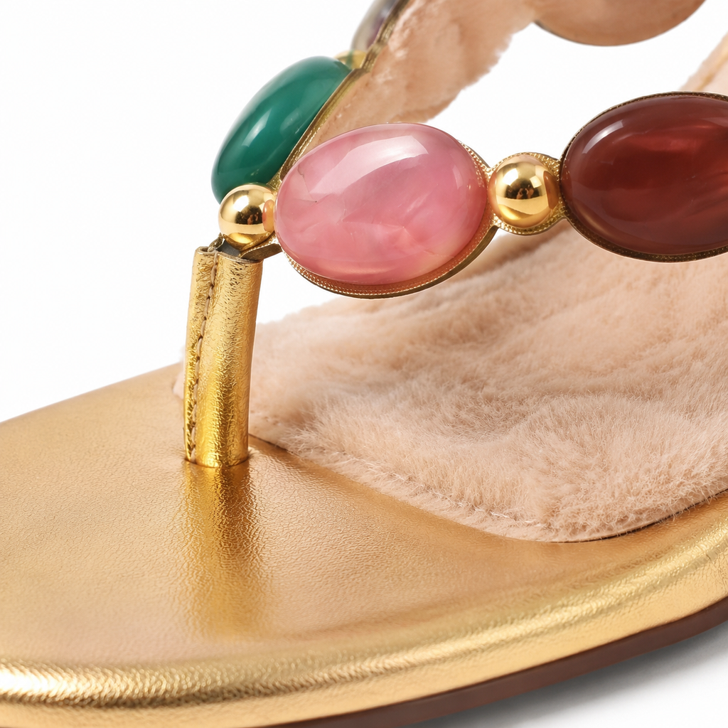 Warm Gold Women's Open-Toe Low-Heel Leather Thong Sandals close-up detail