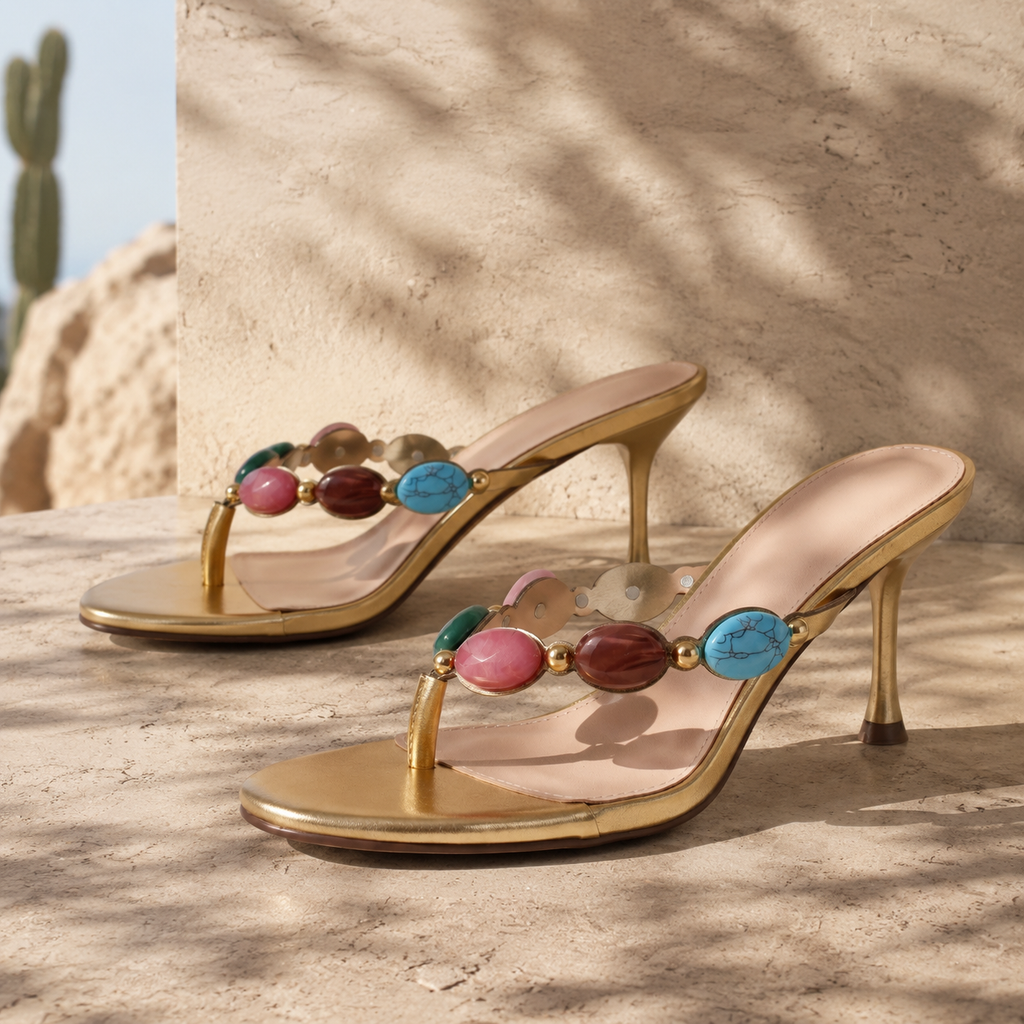 Warm Gold Women's Open-Toe Low-Heel Leather Thong Sandals styled scene