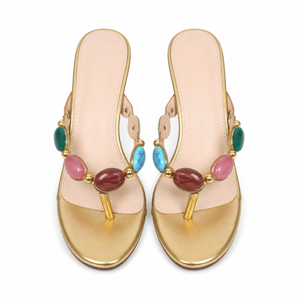 Warm Gold Women's Open-Toe Low-Heel Leather Thong Sandals top view