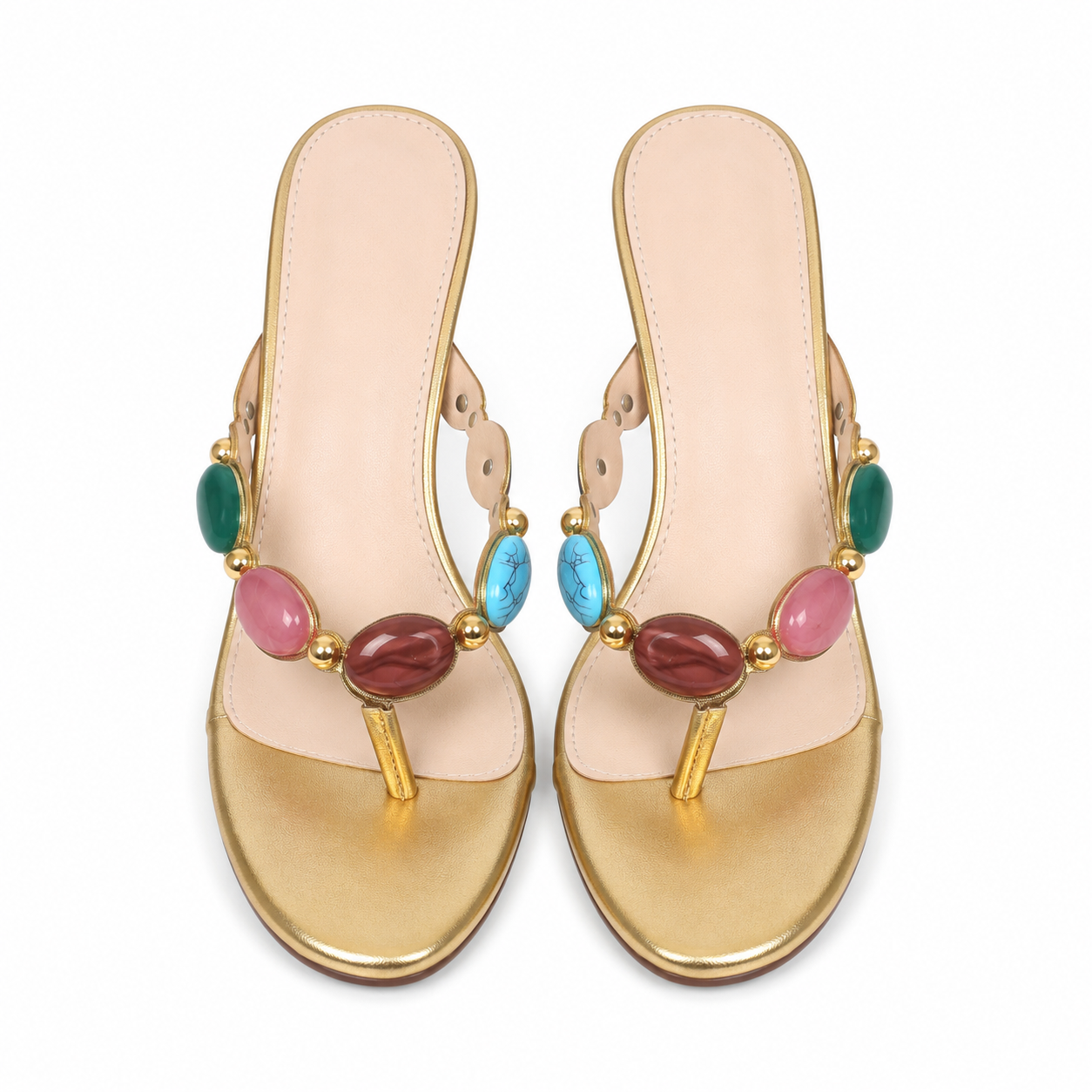 Warm Gold Women's Open-Toe Low-Heel Leather Thong Sandals top view