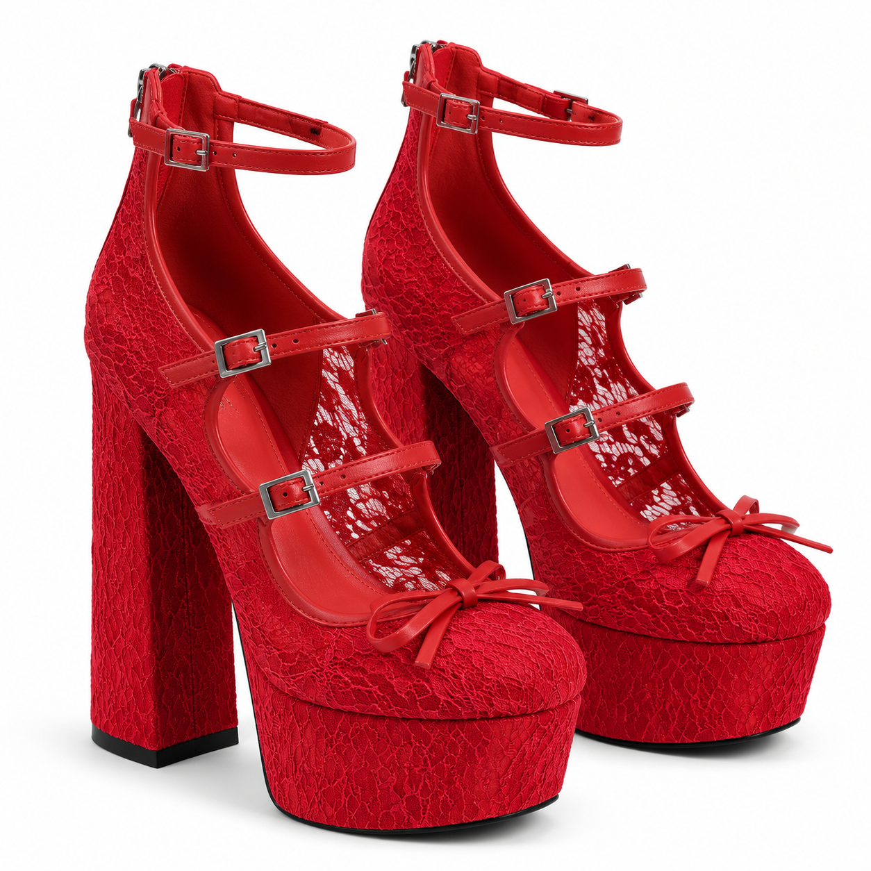 Deep Red Women's Round-Toe Microfiber Floral Multi-Strap Heeled Sandals