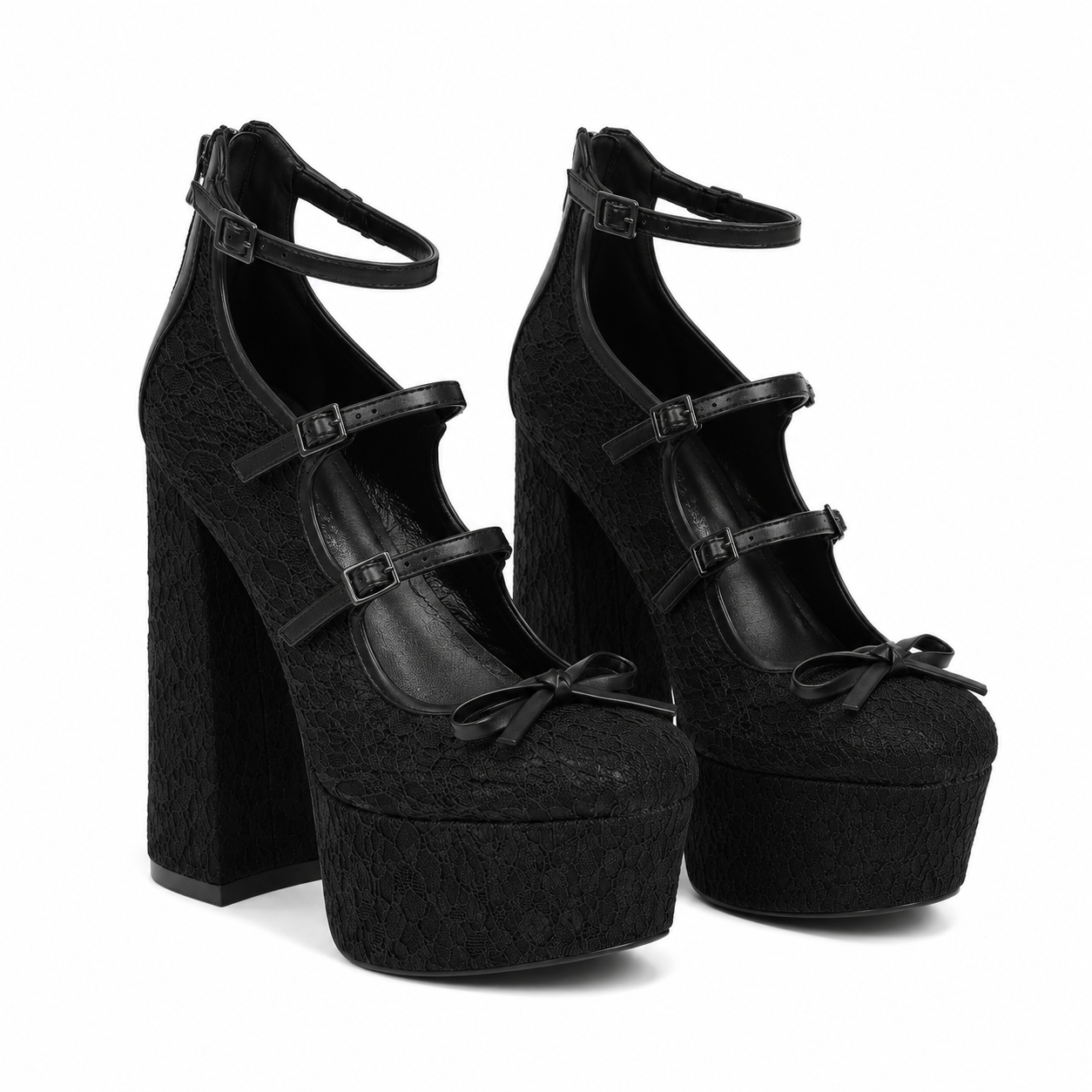 Deep Black Women's Round-Toe Microfiber Floral Multi-Strap Heeled Sandals