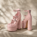 Dusty Rose Women's Round-Toe Microfiber Floral Multi-Strap Heeled Sandals styled scene