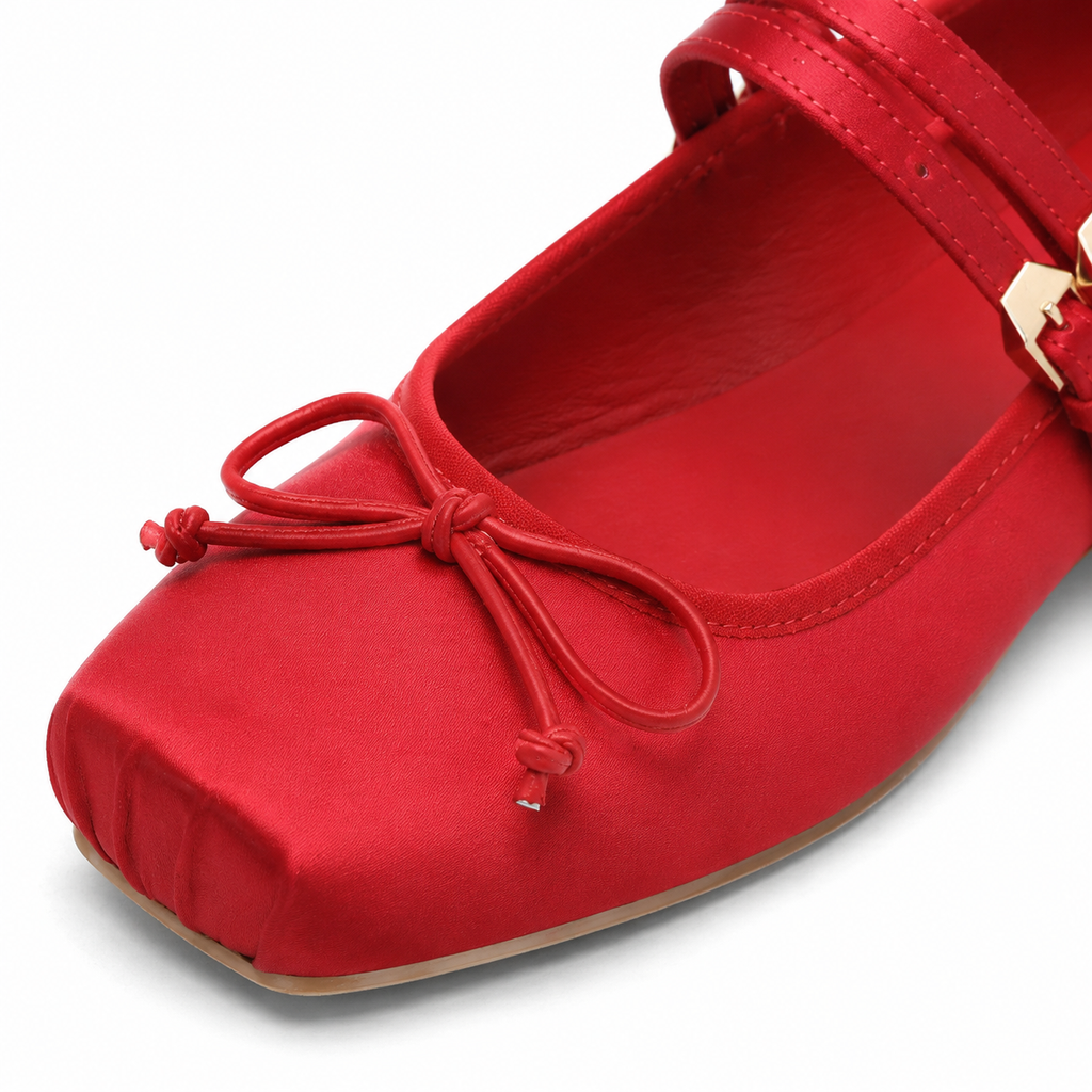 Deep Red Women's Square-Toe Satin Bow-Buckle Flats close-up detail