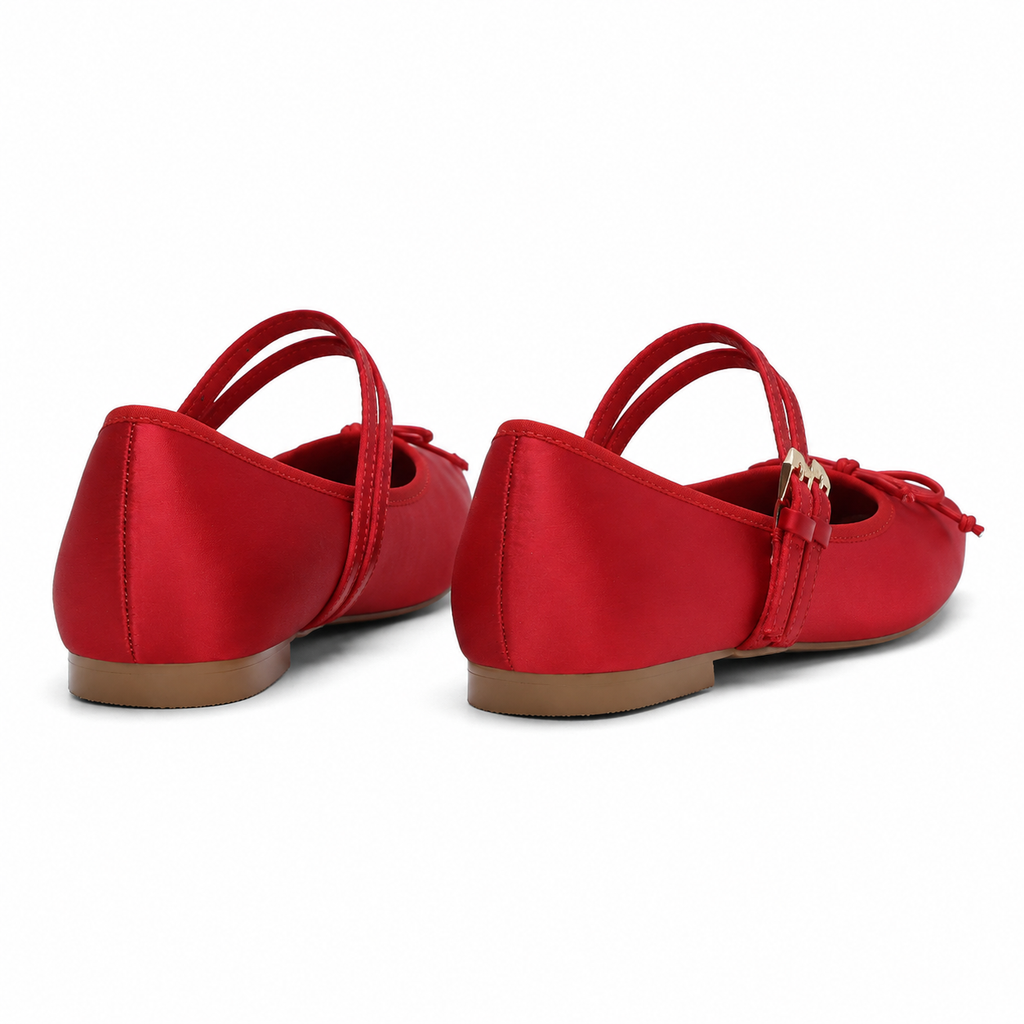 Deep Red Women's Square-Toe Satin Bow-Buckle Flats heel detail
