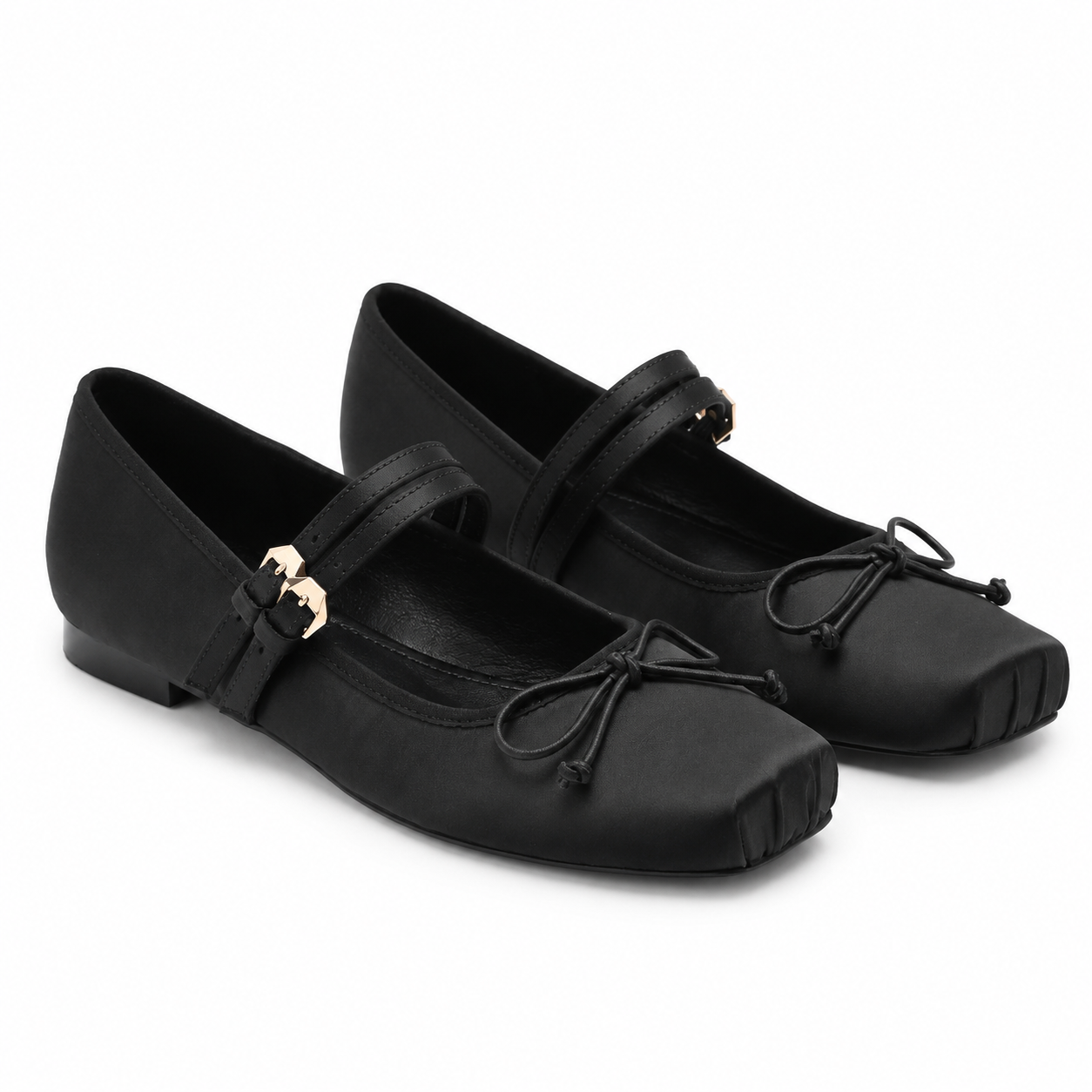 Deep Black Women's Square-Toe Satin Bow-Buckle Flats