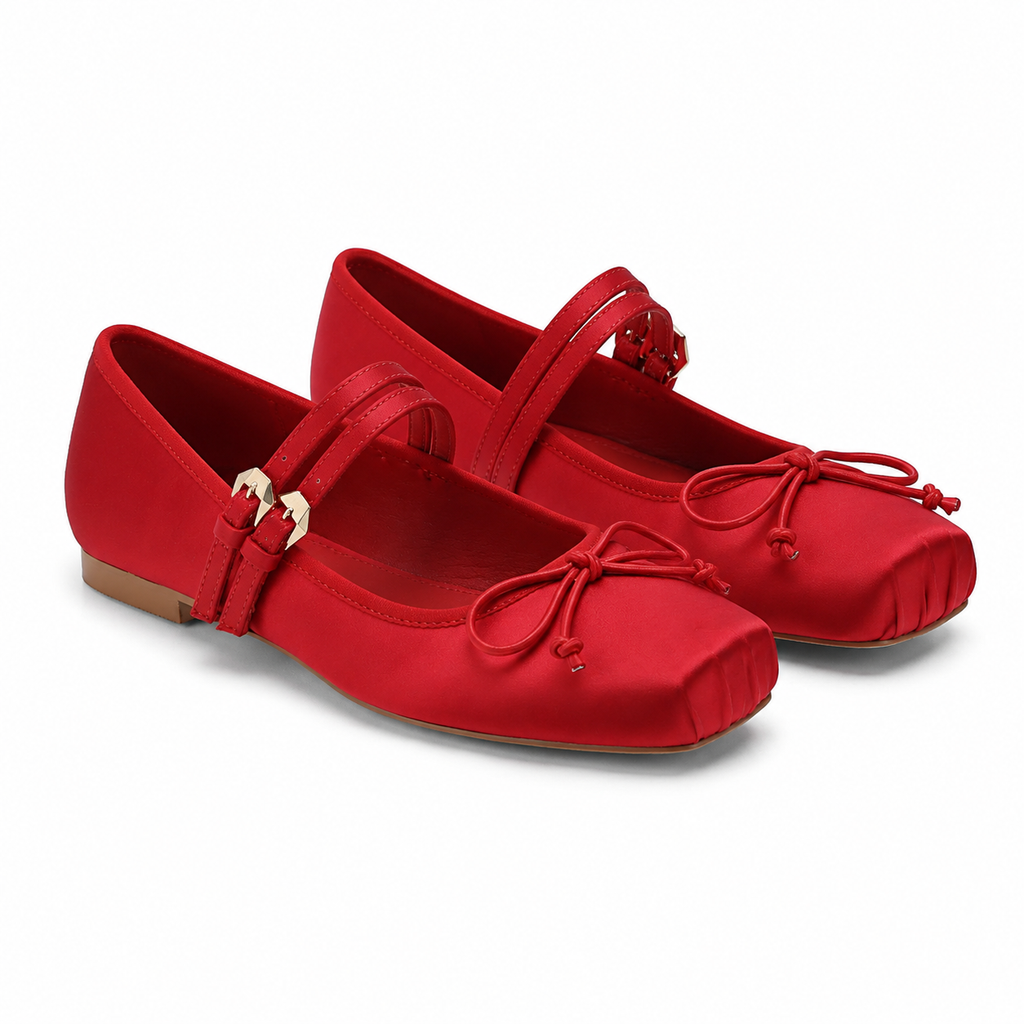 Deep Red Women's Square-Toe Satin Bow-Buckle Flats