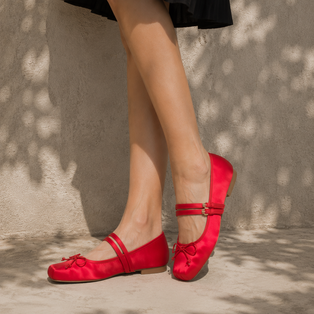 Deep Red Women's Square-Toe Satin Bow-Buckle Flats on-foot view