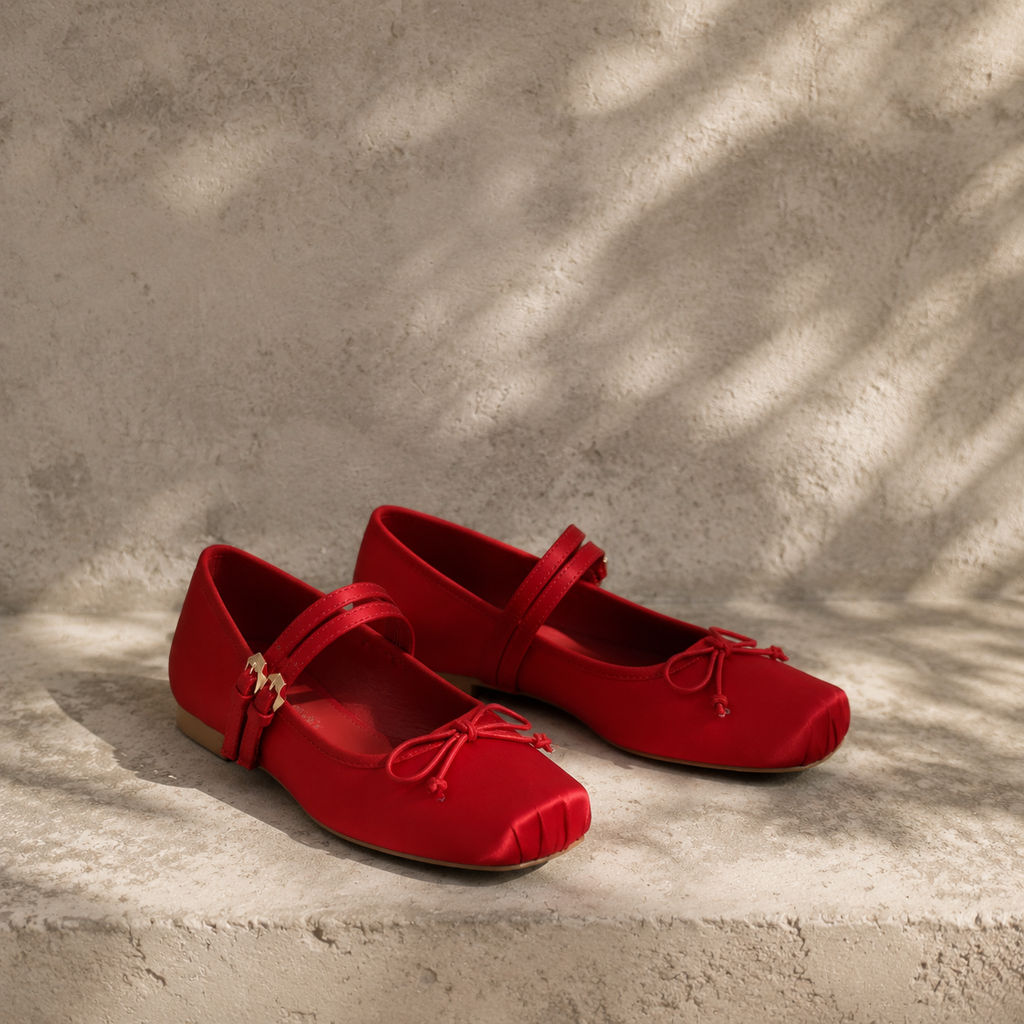 Deep Red Women's Square-Toe Satin Bow-Buckle Flats styled scene