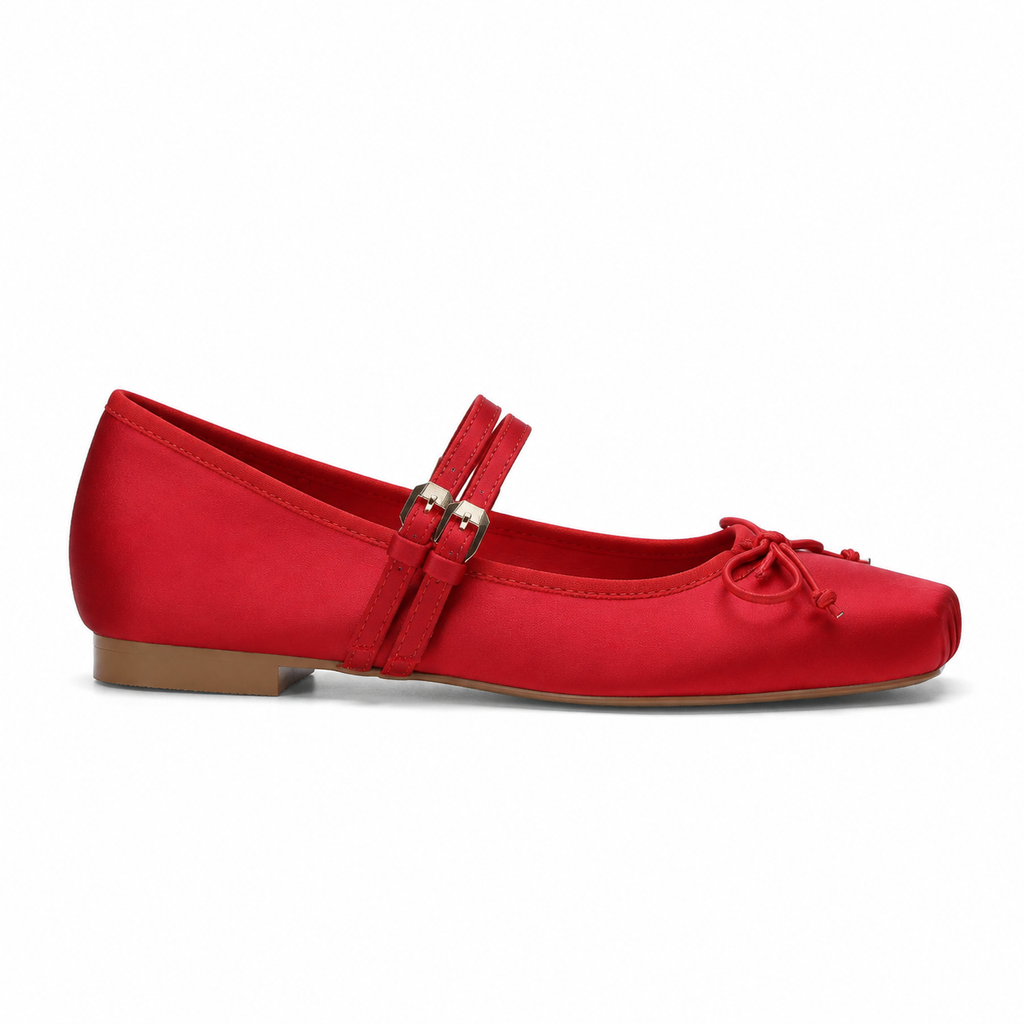 Deep Red Women's Square-Toe Satin Bow-Buckle Flats side view