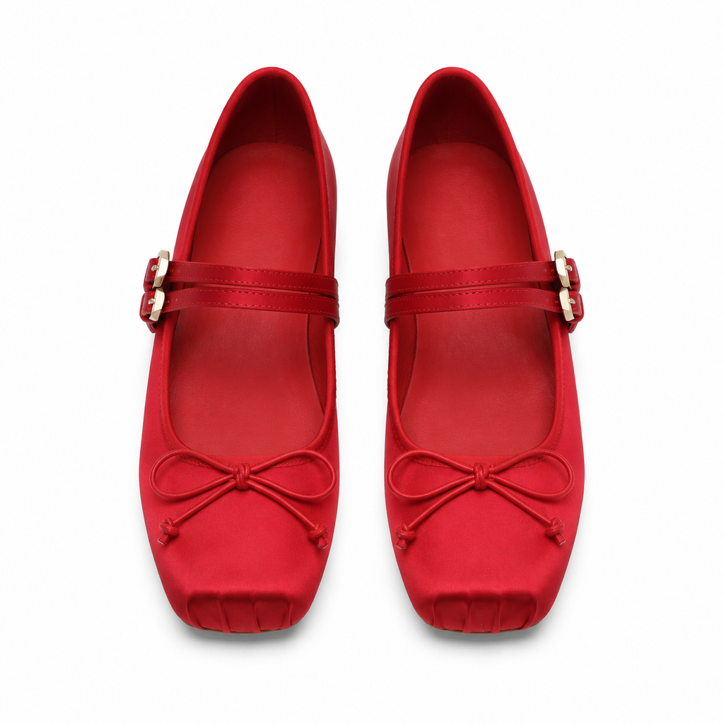 Deep Red Women's Square-Toe Satin Bow-Buckle Flats top view