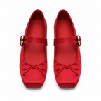Deep Red Women's Square-Toe Satin Bow-Buckle Flats top view