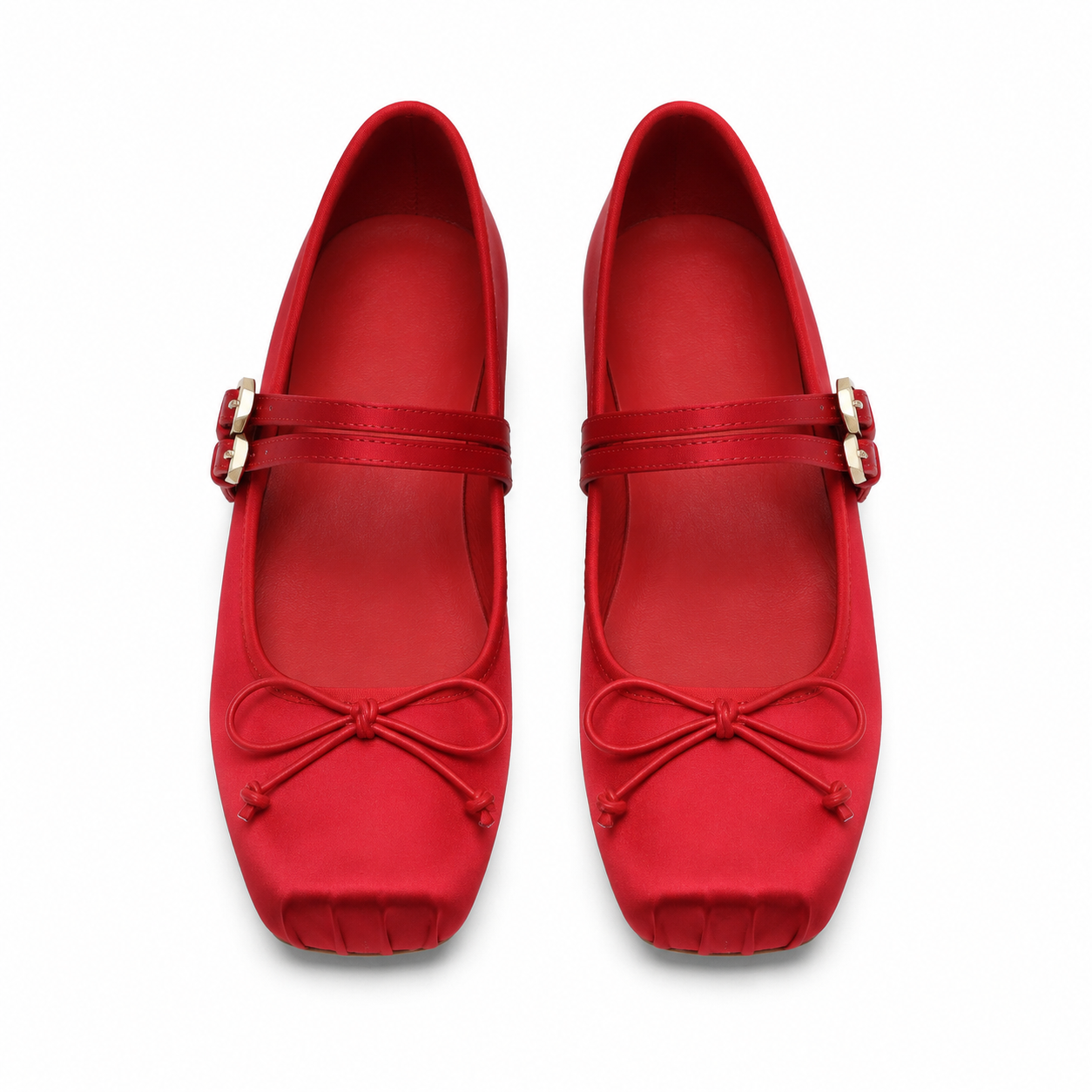 Deep Red Women's Square-Toe Satin Bow-Buckle Flats top view