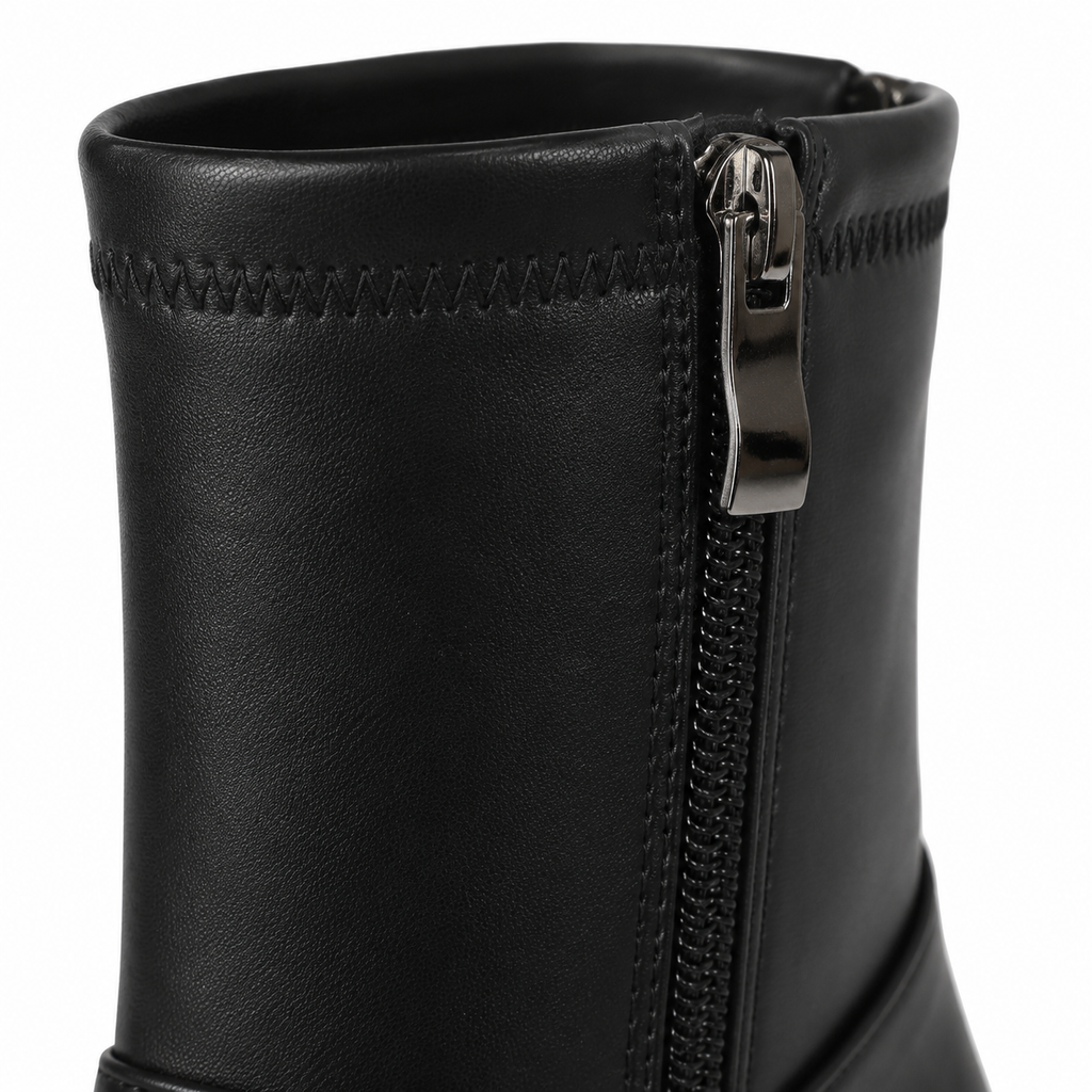 Deep Black Women's Square-Toe Flared-Heel Synthetic Zip Ankle Boots close-up detail