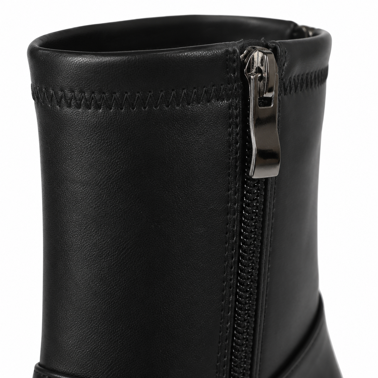 Deep Black Women's Square-Toe Flared-Heel Synthetic Zip Ankle Boots close-up detail
