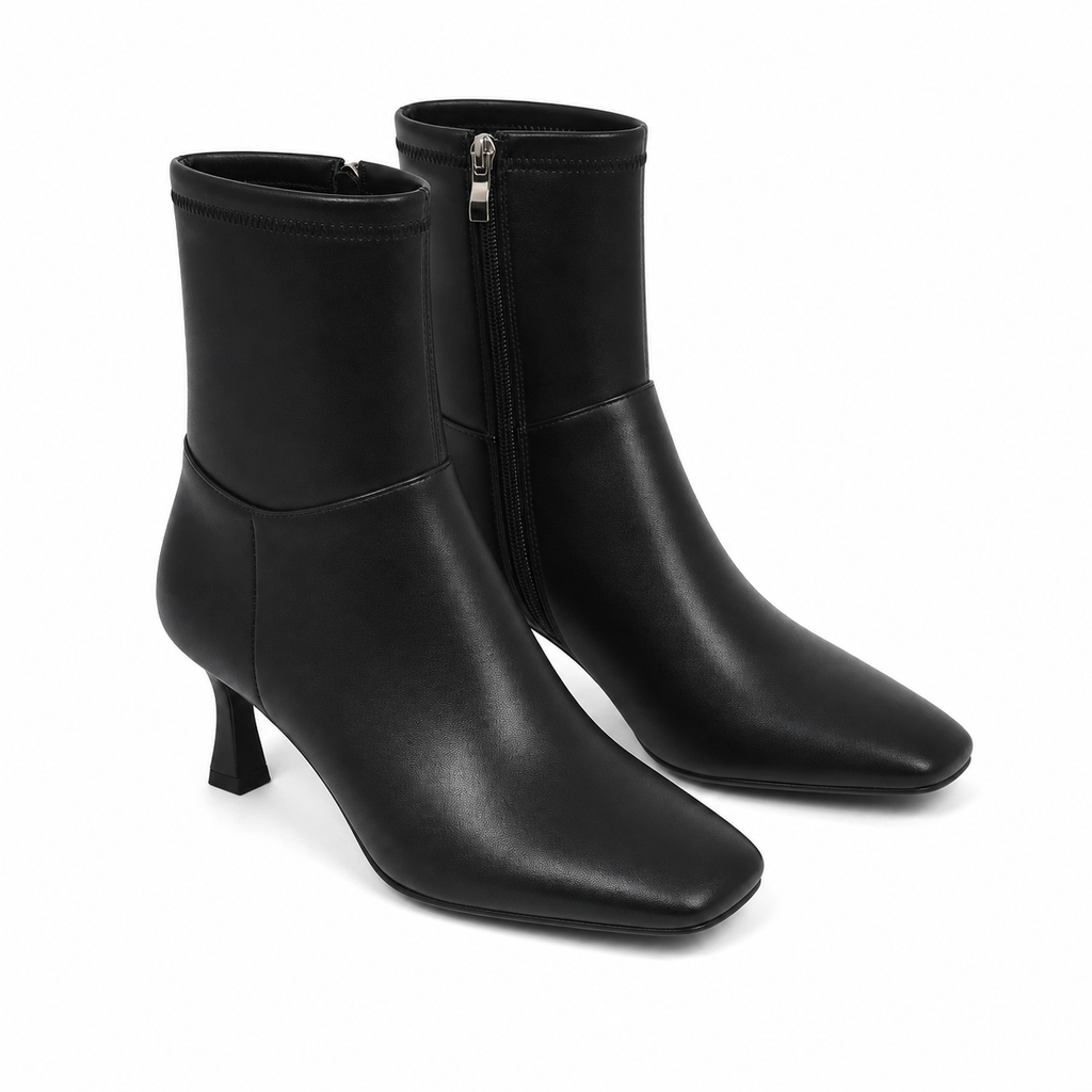 Deep Black Women's Square-Toe Flared-Heel Synthetic Zip Ankle Boots