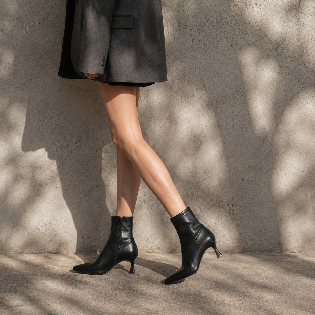 Deep Black Women's Square-Toe Flared-Heel Synthetic Zip Ankle Boots on-foot view