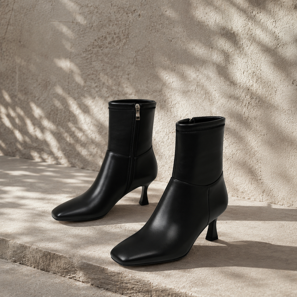 Deep Black Women's Square-Toe Flared-Heel Synthetic Zip Ankle Boots styled scene