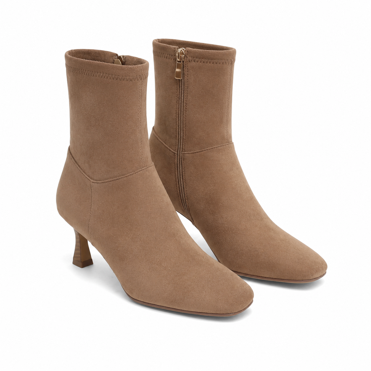 Brown Suede Women's Square-Toe Flared-Heel Synthetic Zip Ankle Boots