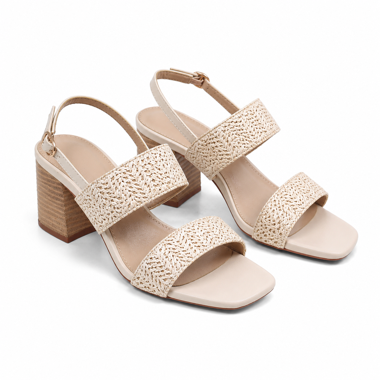 Beige Straw Women's Open-Toe High-Heel Straw Buckle Slingback Sandals