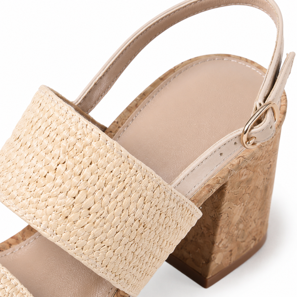 Raffiacork Women's Open-Toe High-Heel Straw Buckle Slingback Sandals close-up detail