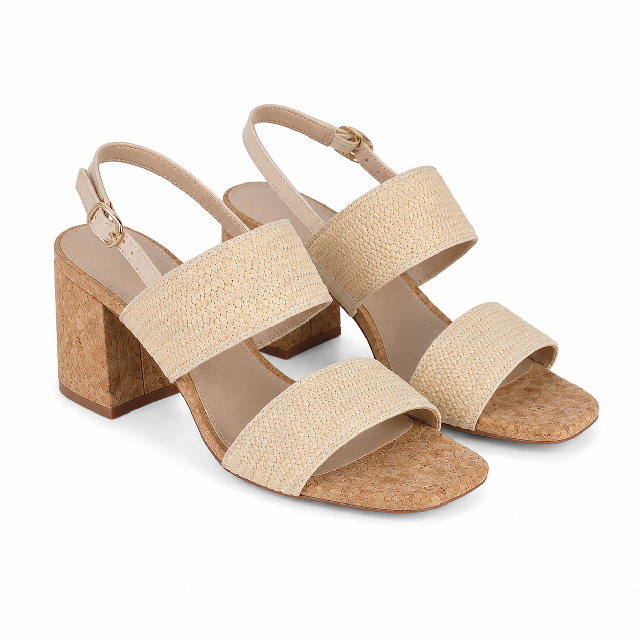 Raffiacork Women's Open-Toe High-Heel Straw Buckle Slingback Sandals