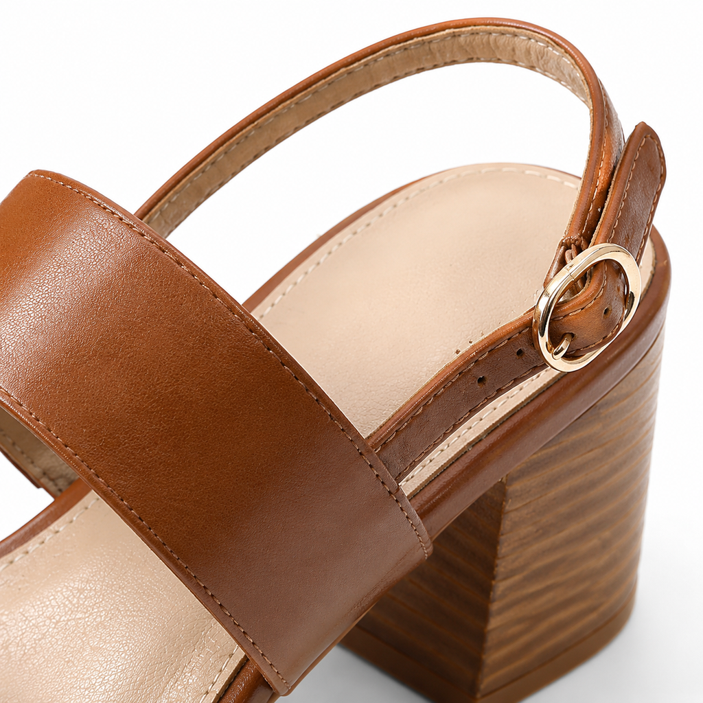Rich Brown Women's Open-Toe High-Heel Straw Buckle Slingback Sandals close-up detail