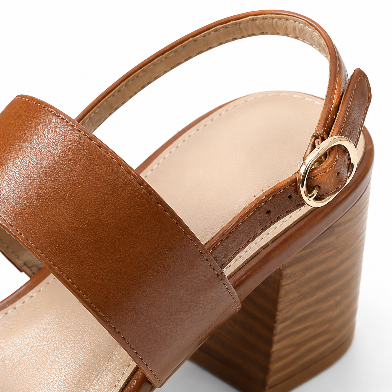 Rich Brown Women's Open-Toe High-Heel Straw Buckle Slingback Sandals close-up detail