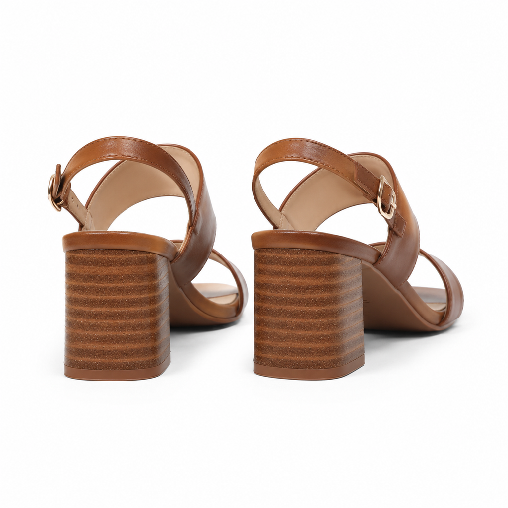 Rich Brown Women's Open-Toe High-Heel Straw Buckle Slingback Sandals heel detail