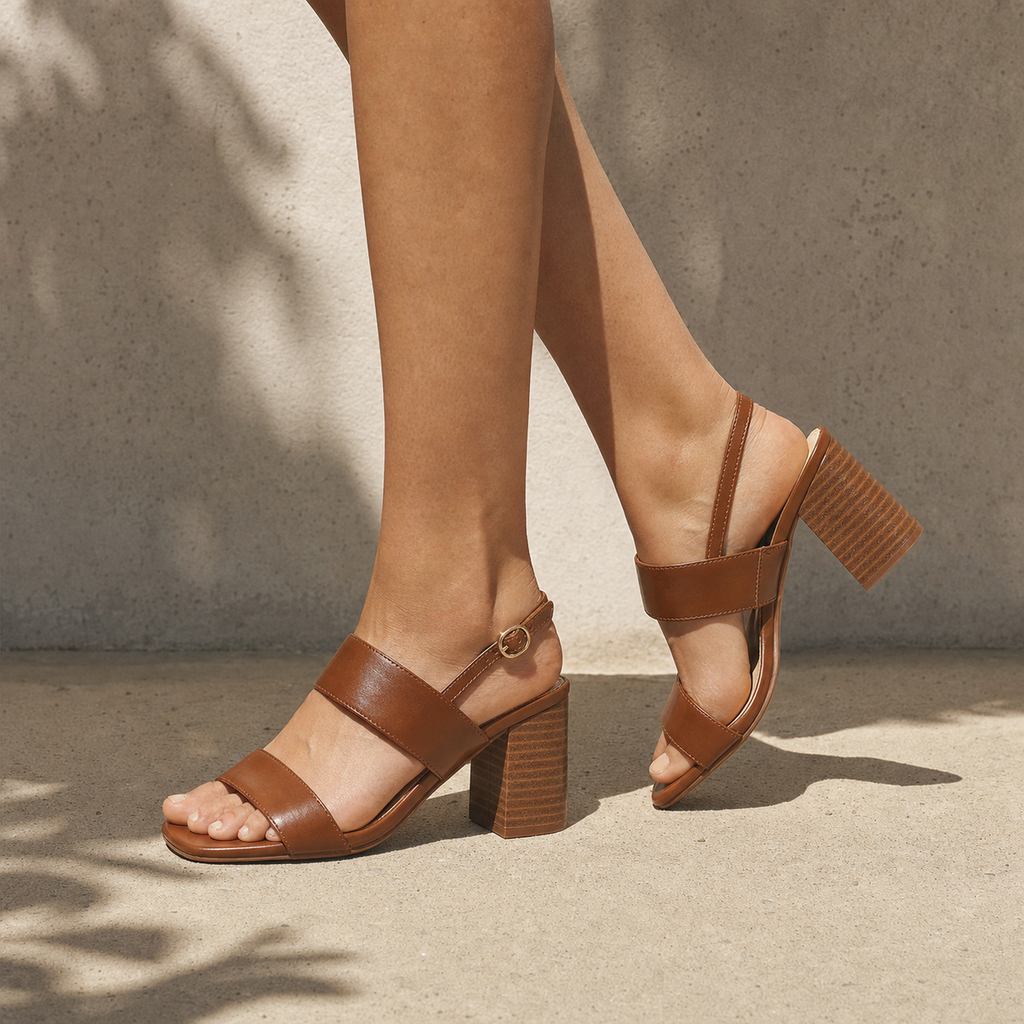 Rich Brown Women's Open-Toe High-Heel Straw Buckle Slingback Sandals on-foot view
