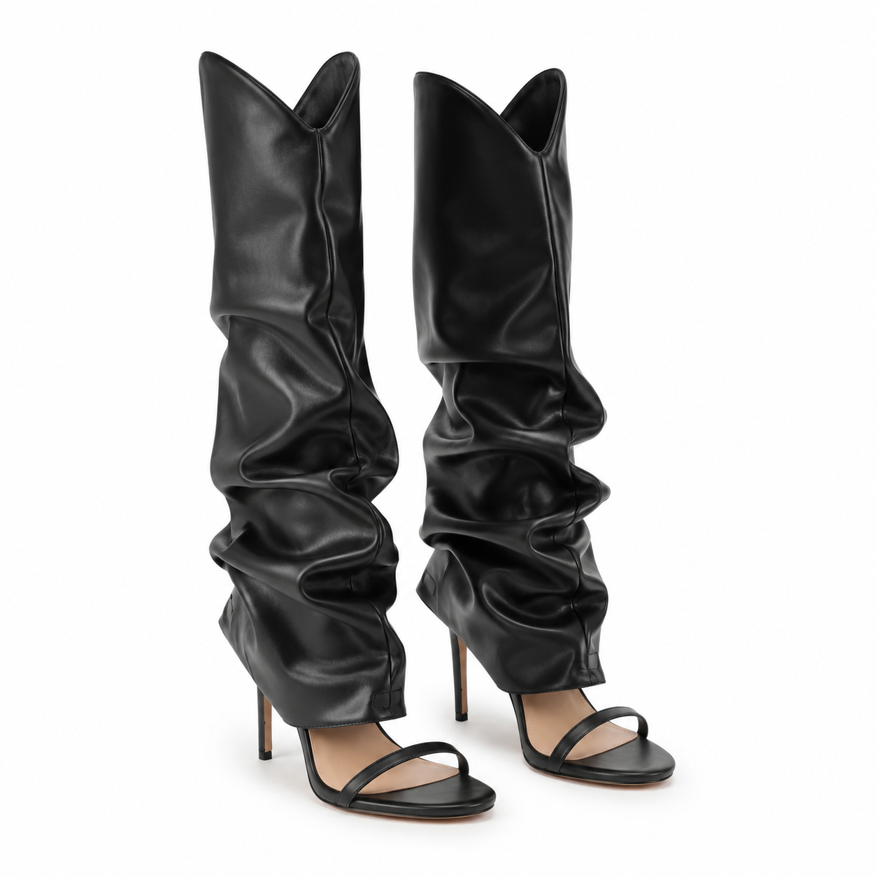 Deep Black Women's Open-Toe Stiletto-Heel Faux Leather Slip-On Knee-High Boots